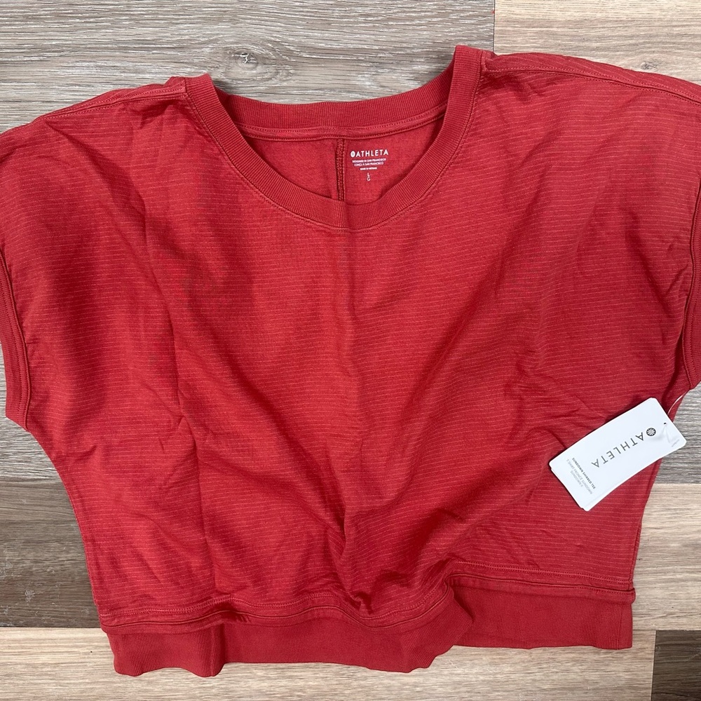 Athleta NWT Large Shirred Tee Ribbed Women's Rust Red Crop Top